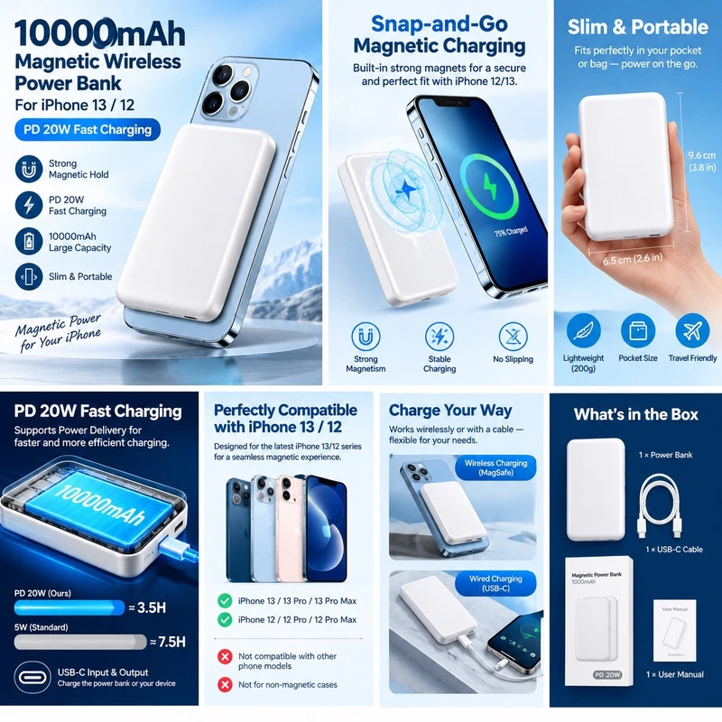 10000mAh MagSafe Magnetic Wireless Power Bank PD20W