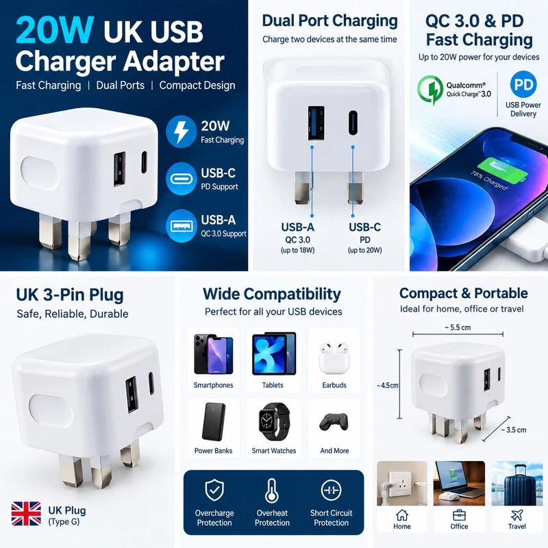 20W PD Type-C Fast Charger QC 3.0 Dual Port